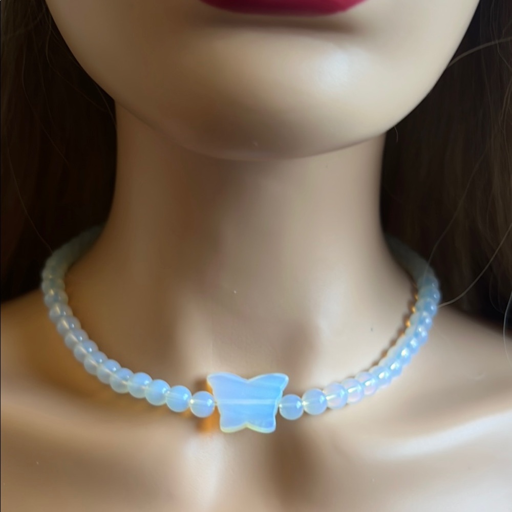 White Iridescent Choker Necklace Butterfly